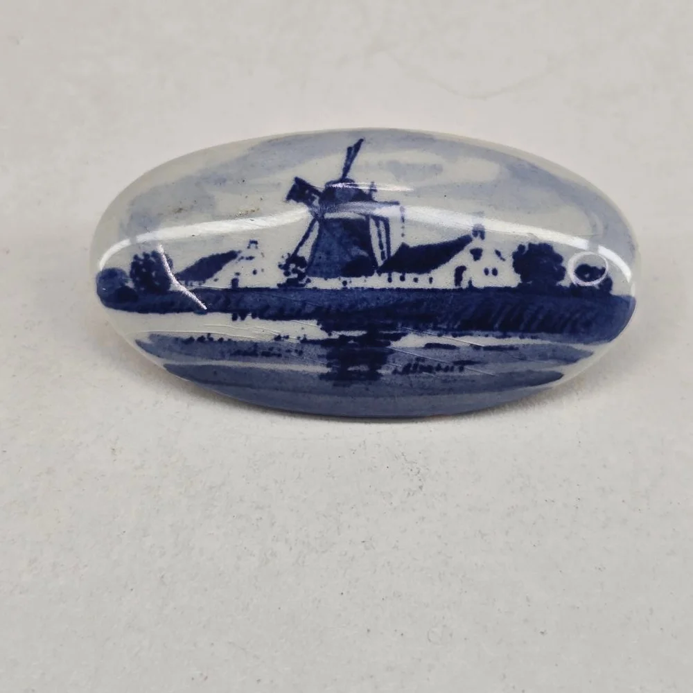 Vintage Delft Brooch Blue Windmill MCM 1950's Collectible Dutch Porcelain